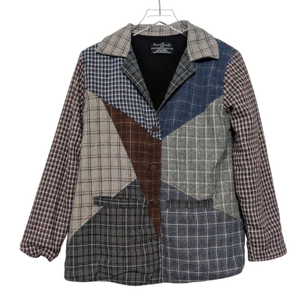 Sacred Threads Patchwork Plaid Jacket Womens Size Small/Medium Gray Fleece Lined